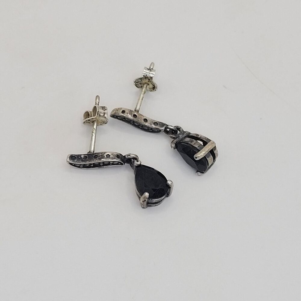 Vintage Avon RJ Black Onyx Stone and Marcasite 925 Sterling Silver Drop Earrings - Picture 3 of 6